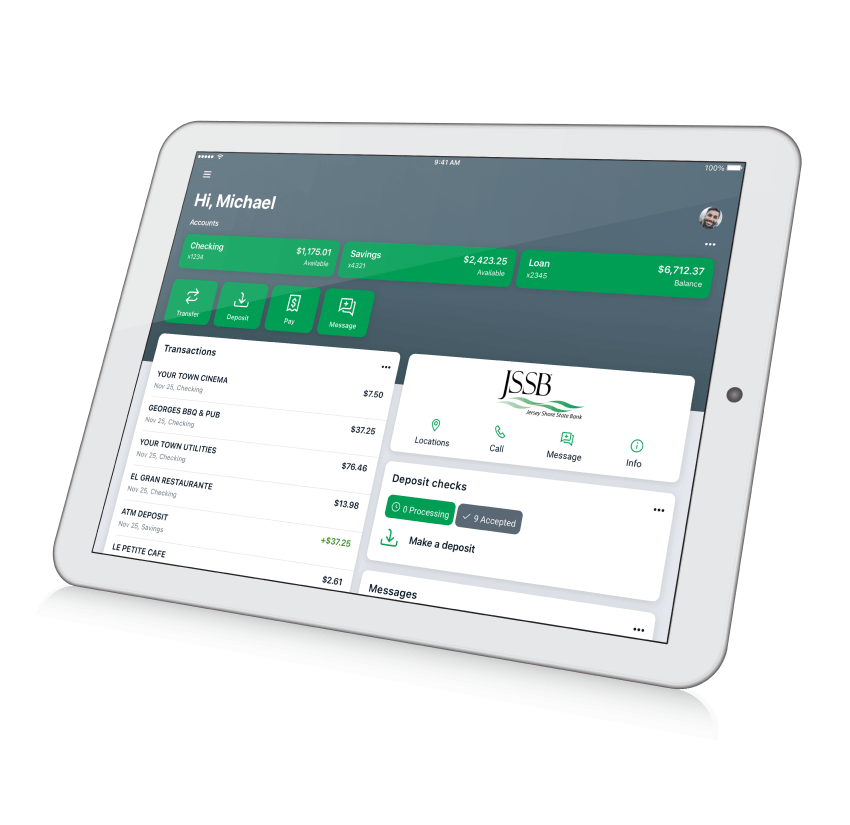 Jersey Shore State Bank digital banking overview on a tablet.